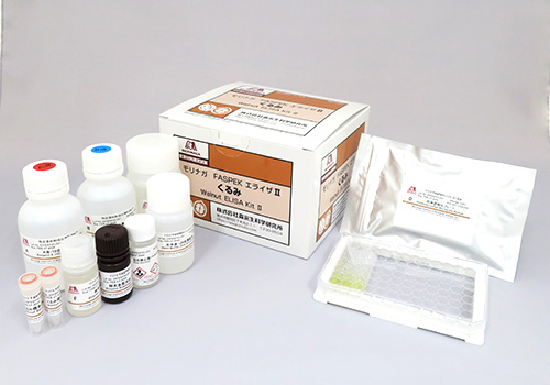Walnut ELISA KitⅡ is sandwich enzyme immunoassay for the quantitative determination of walnut protein in processed or unprocessed foods.<br>Our original extraction solution enables target protein to solubilize even though it was insolubilized by food processing.<br>The extraction solution is identical for all of our ELISA KitⅡ.<br>An extraction procedure is simple and also the same as all ELISA KitⅡ.
